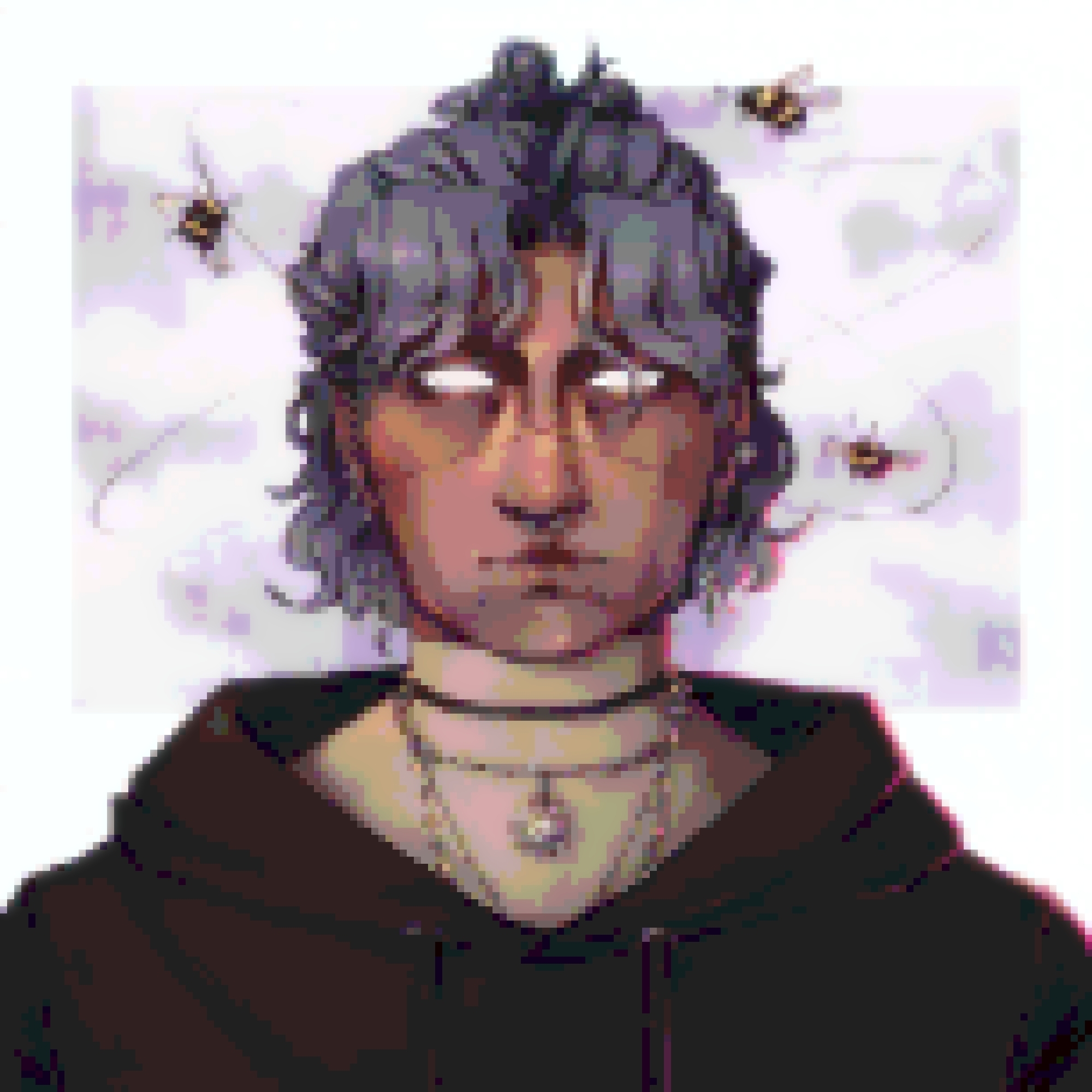 didital drawing of a person in a hoodie with bees flying around their head